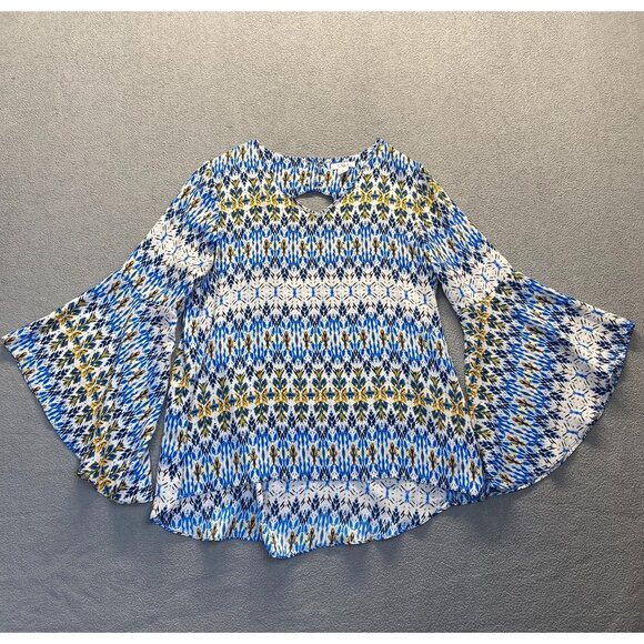 Cato Womens Blue Geometric Print Top Bell Sleeves  Lightweight Boho Large,Blouse - Picture 1 of 11
